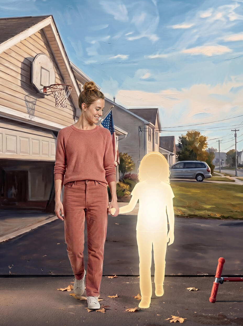 Children outside a home with a glowing silhouette of a girl, illustrating that pGHD affects more than just height