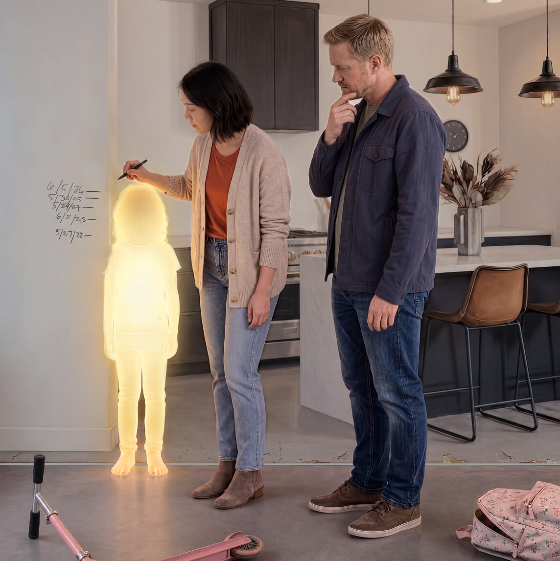 Parents in a kitchen looking at height markings on a wall showing their daughter's growth from age 2 to age 6. A glowing silhouette represents the child. The markings show only 1 inch of growth per year, from 2&rsquo;7&rdquo; at age 2 to 3&rsquo;0&rdquo; at age 6.
