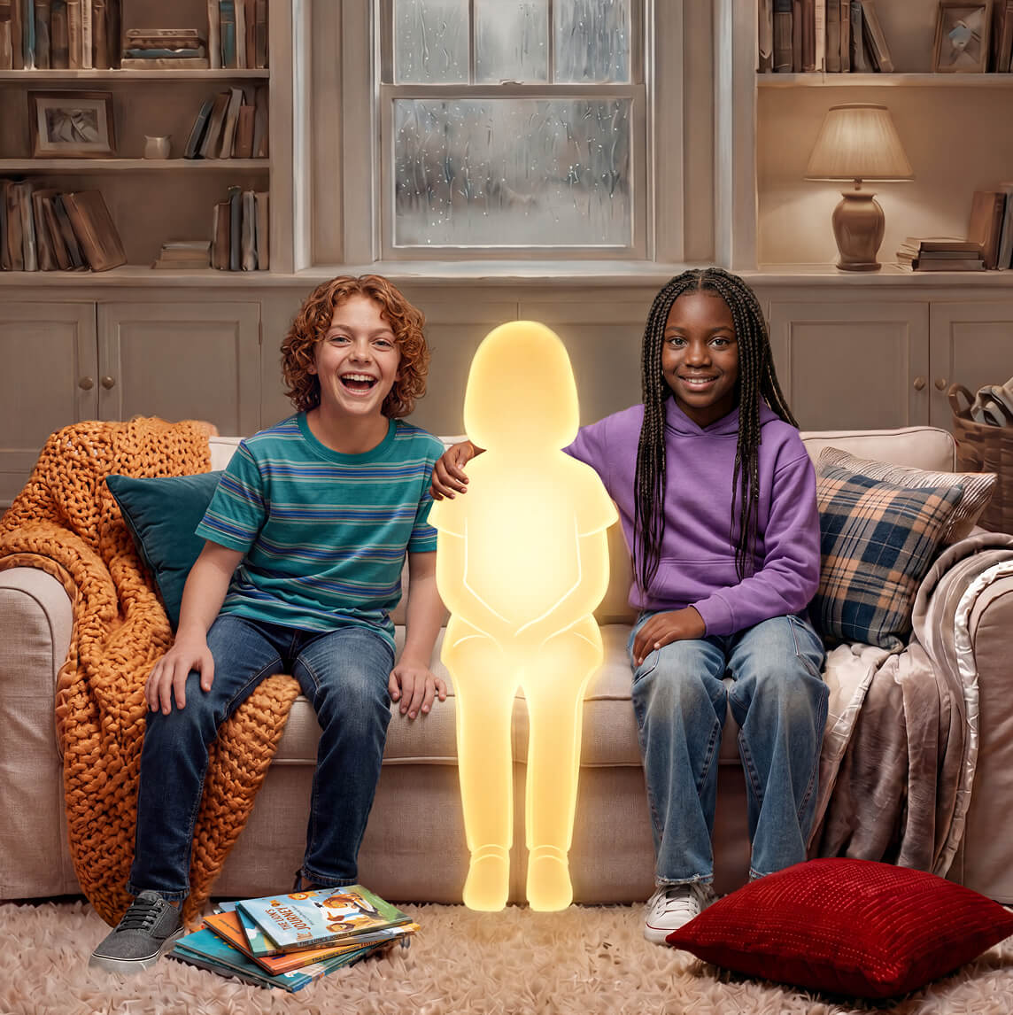 Two children laughing on a living room couch with a glowing silhouette of a child between them, illustrating the importance of acting before growth plates close