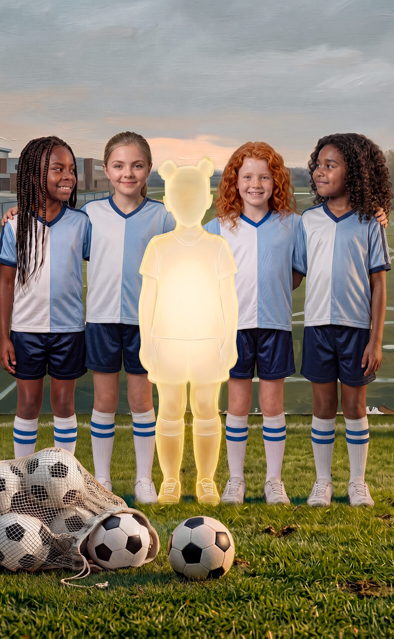 Four girls in soccer uniforms standing on a field with a glowing silhouette of a fifth child between them, illustrating how a child with pediatric growth hormone deficiency may appear smaller than peers
