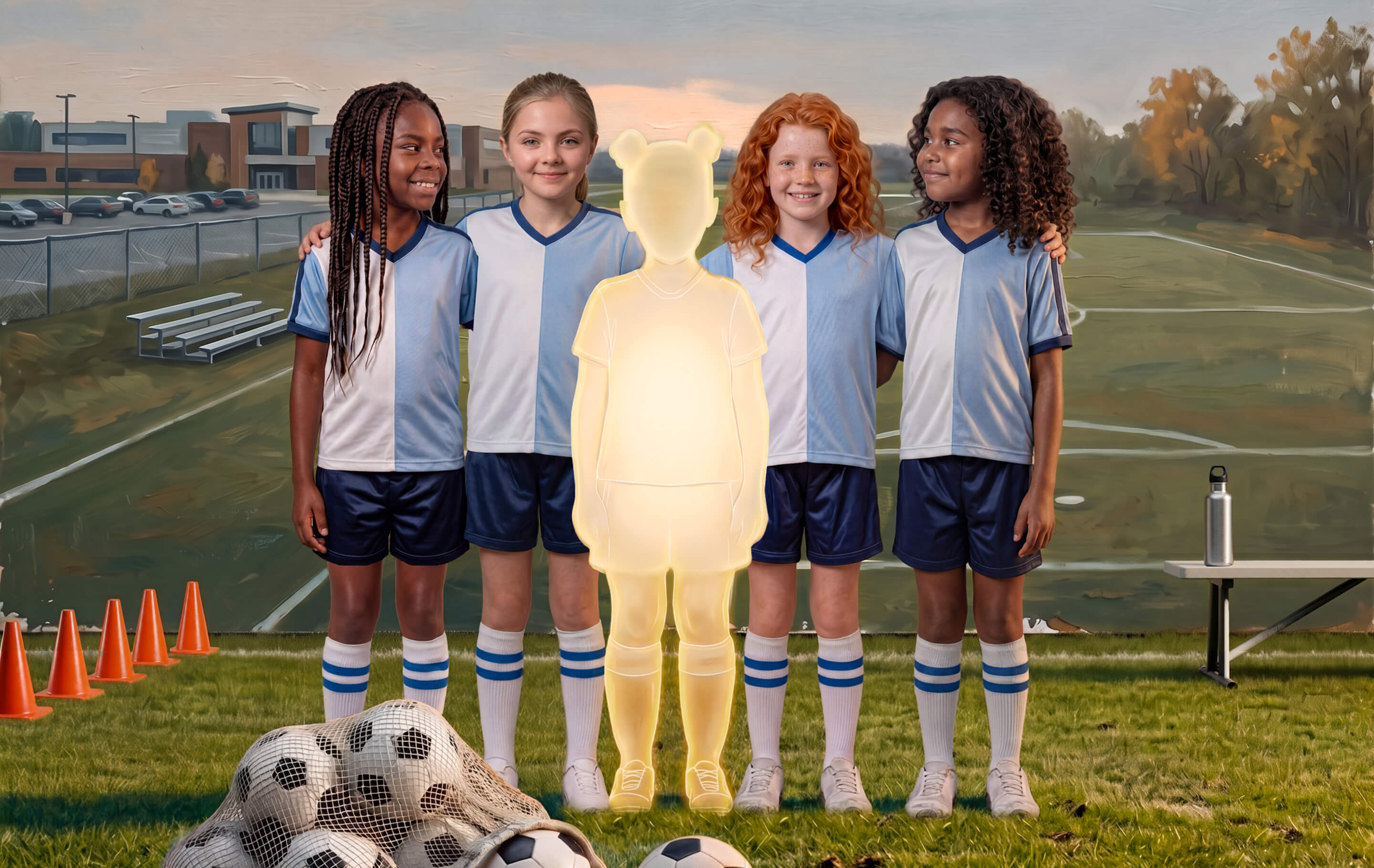 Four girls in soccer uniforms standing on a field with a glowing silhouette of a fifth child between them, illustrating how a child with pediatric growth hormone deficiency may appear smaller than peers