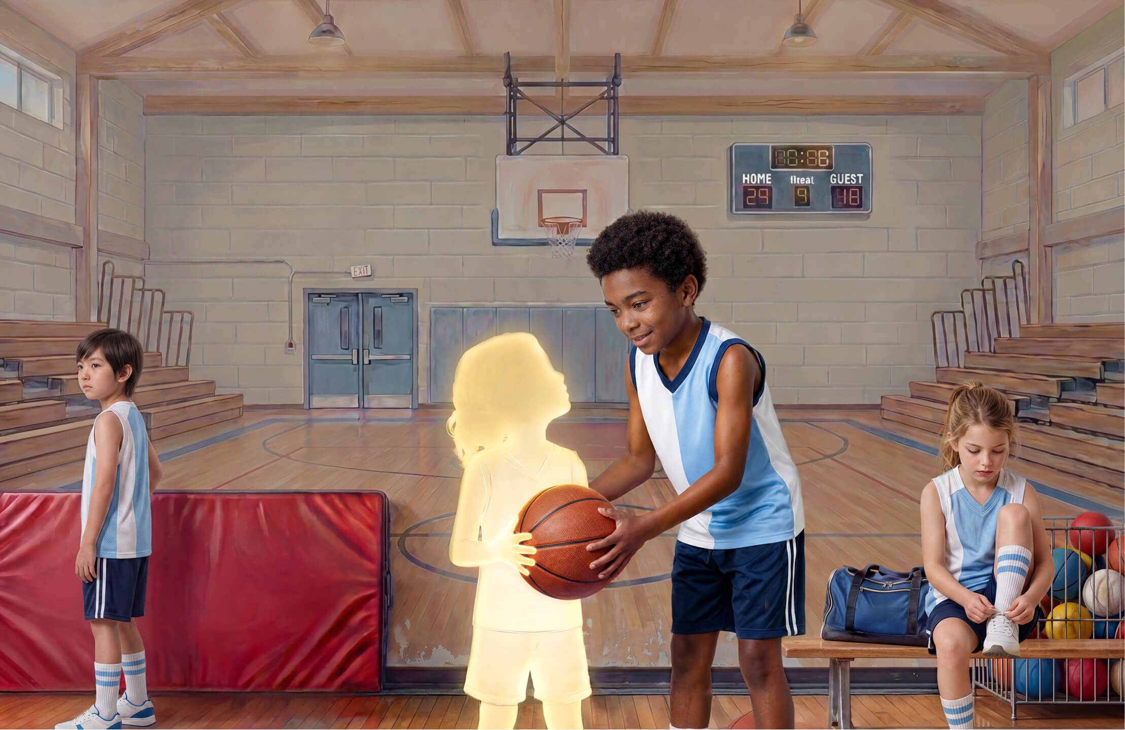 Children playing basketball in a gym with a glowing silhouette of a girl holding a basketball, illustrating how girls with pGHD are often overlooked