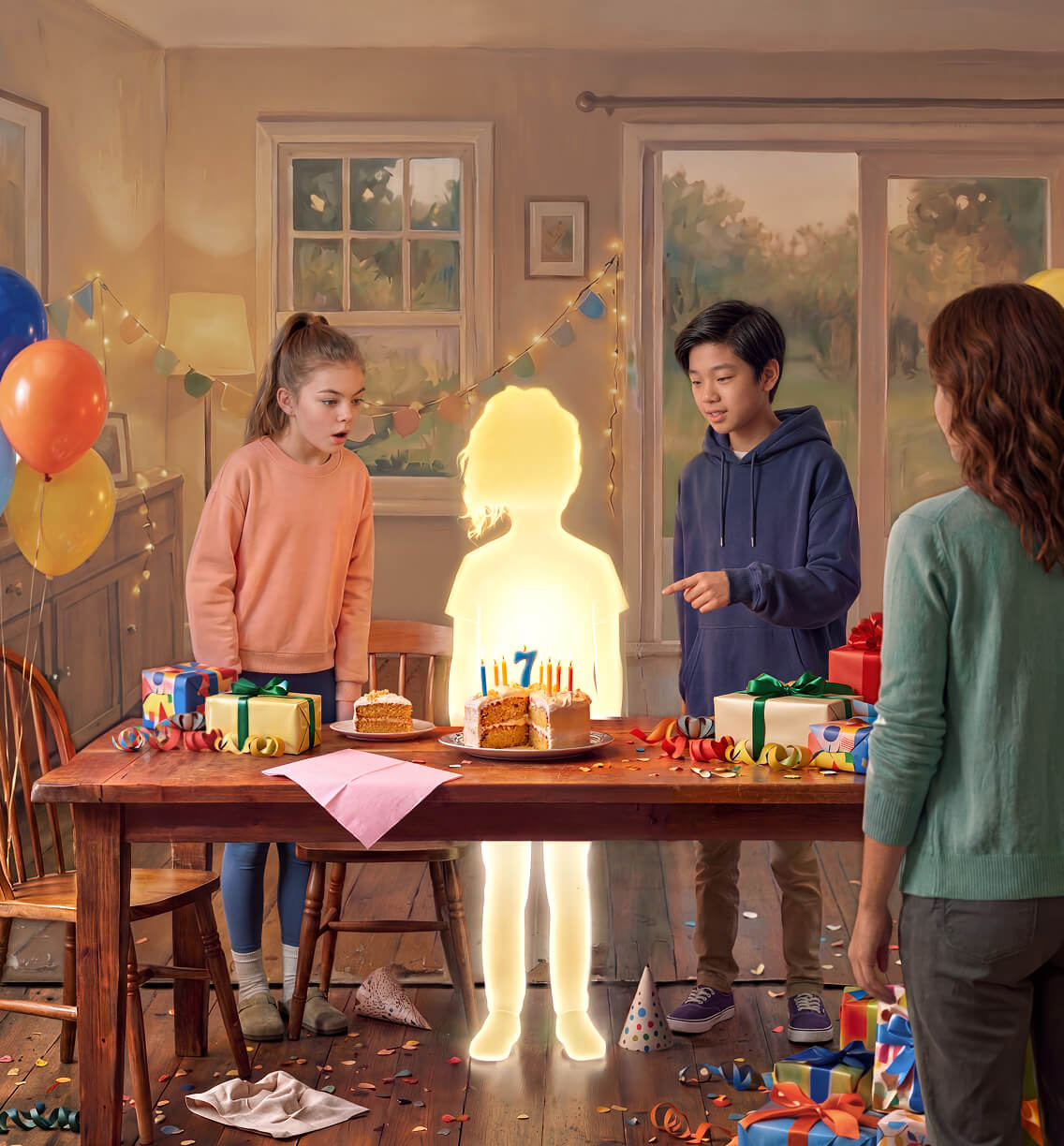 Children gathered around a birthday cake with a glowing silhouette of a child smaller than peers, illustrating pGHD in girls