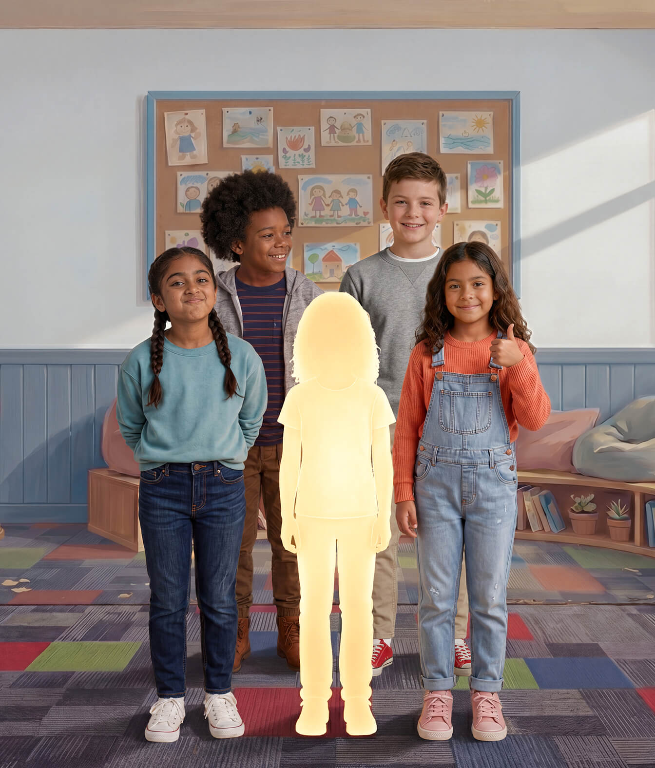 Group of children in a school setting with a glowing silhouette of a girl, illustrating that pGHD in girls often goes unnoticed